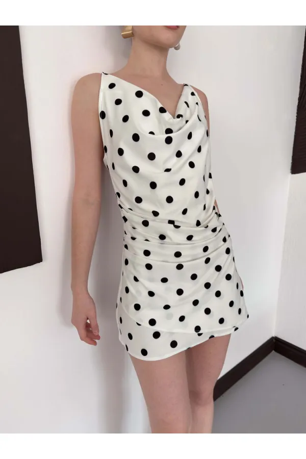 Puantiye Baskılı Elbise - Krem Siyah | D3024 Topshow