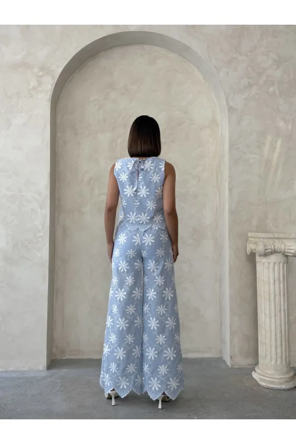 Nakışlı Kolsuz Toptan Bluz - Mavi | Topshow