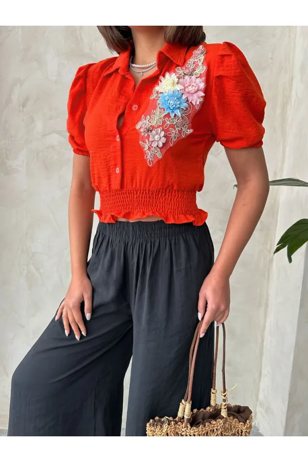 Topshow Orange Floral Chest Linen Wholesale Shirt