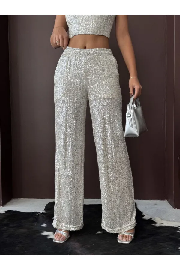 Topshow - Wholesale Sequined Wide Leg Women's Trousers - Stylish Night Outfit - Stone