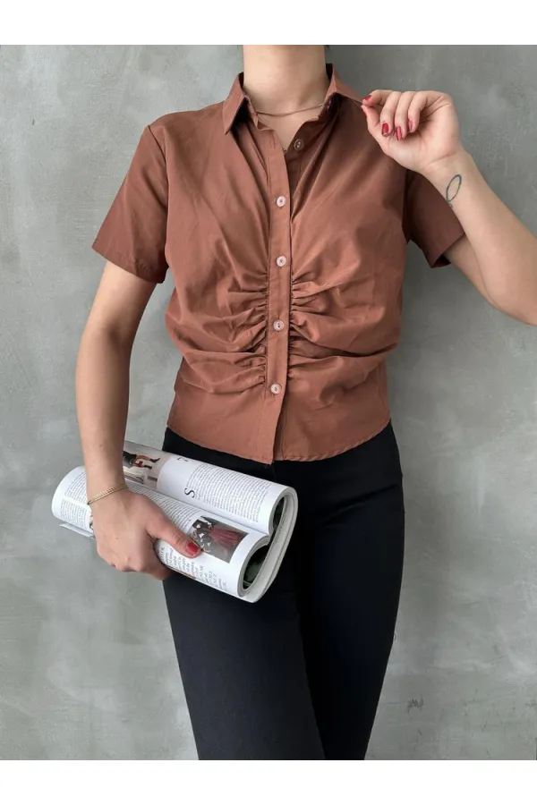 Topshow Brown Gipel Front Gathered Wholesale Blouse