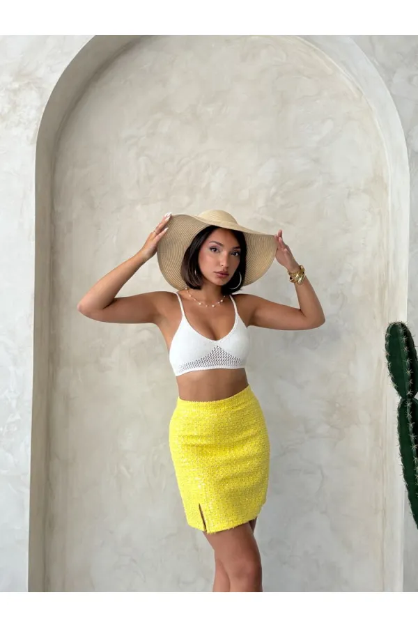 Pullu Kot Etek - Sarı | Topshow