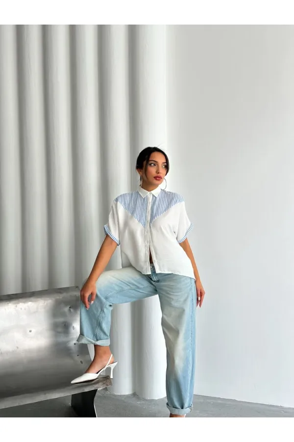 Chemise rayée à détails en gros - Bleu clair | Topshow