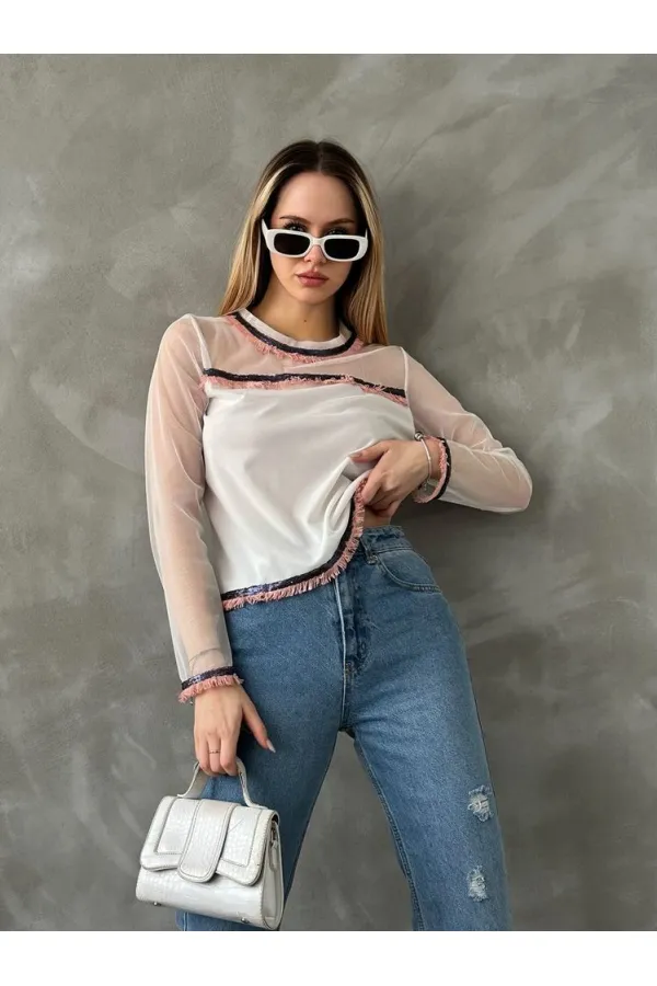 Blouse en tulle détaillée en gros - Crème | TOPSHOW | F1634