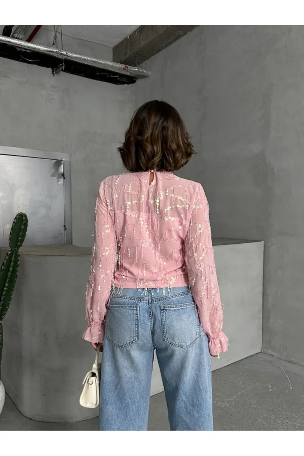 Saçaklı Toptan Bluz - Pembe | TOPSHOW | F1851