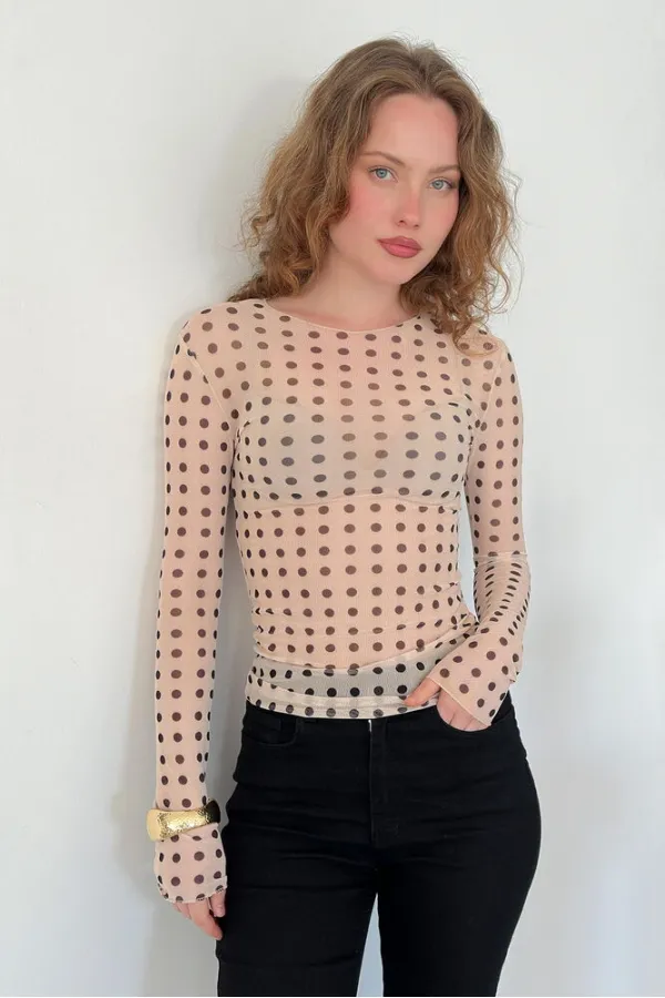 F 2107 POLKA DOT PRINTED TULLE T-SHIRT - BEIGE BROWN F 2107 POLKA DOT PRINTED TULLE T-SHIRT - BEIGE BROWN