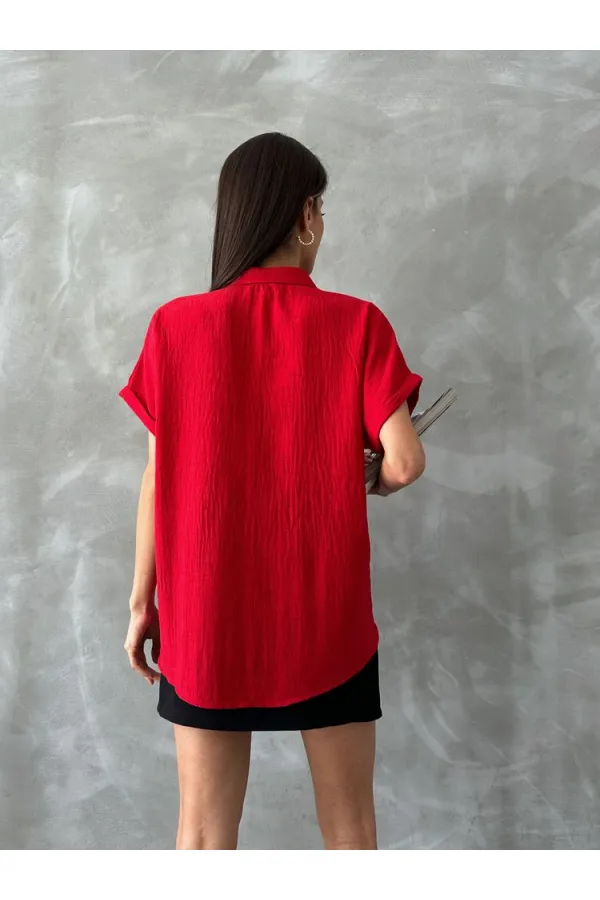 Topshow Kırmızı  Çiçek Cepli Toptan Gömlek