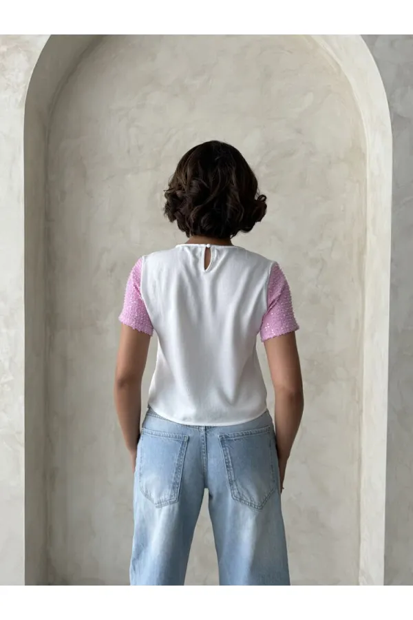 Denim Detailed Wholesale T-Shirt - Cream Pink | Topshow