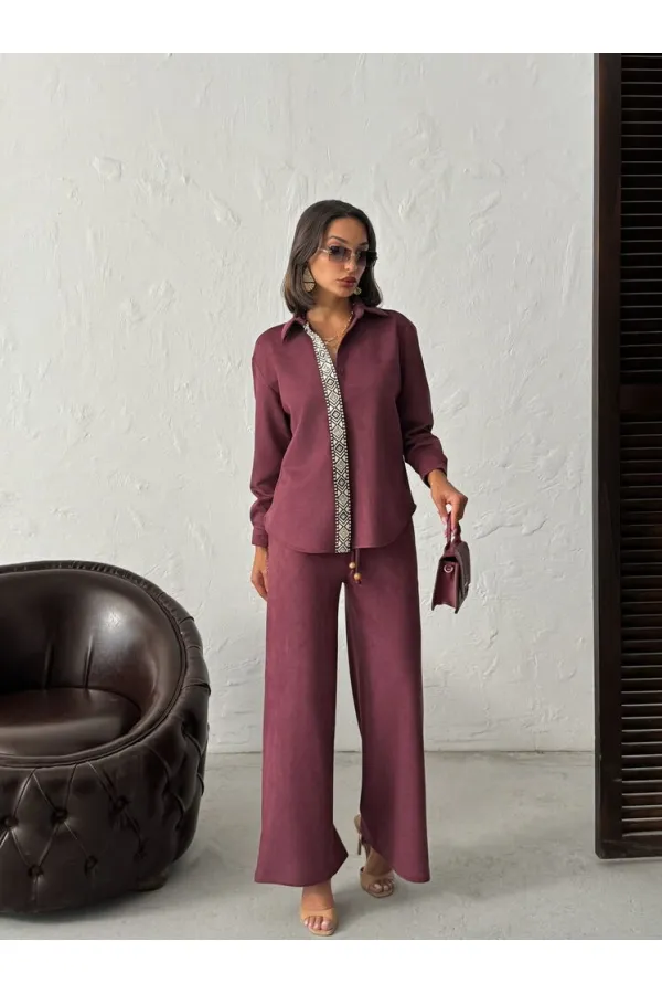 Topshow Stripe Detailed Scuba Suede Shirt - Claret Red | F1973