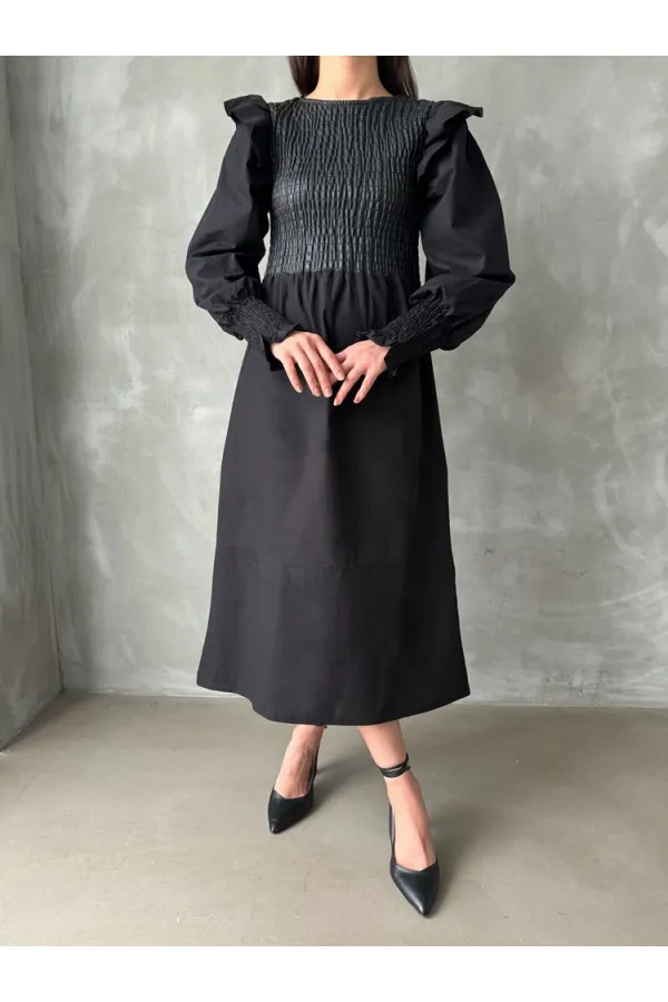 Topshow Black Body Leather Sleeve Wholesale Skirt Poplin Wholesale Dress | F0843