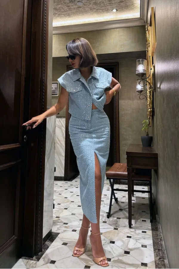 TOPSHOW Desen 1 Mavi Pullu Kot Toptan Etek | F1707