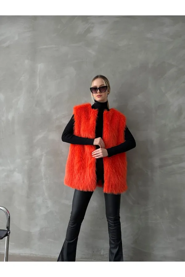Tüylü Toptan Yelek - Oranj | TOPSHOW | F1567