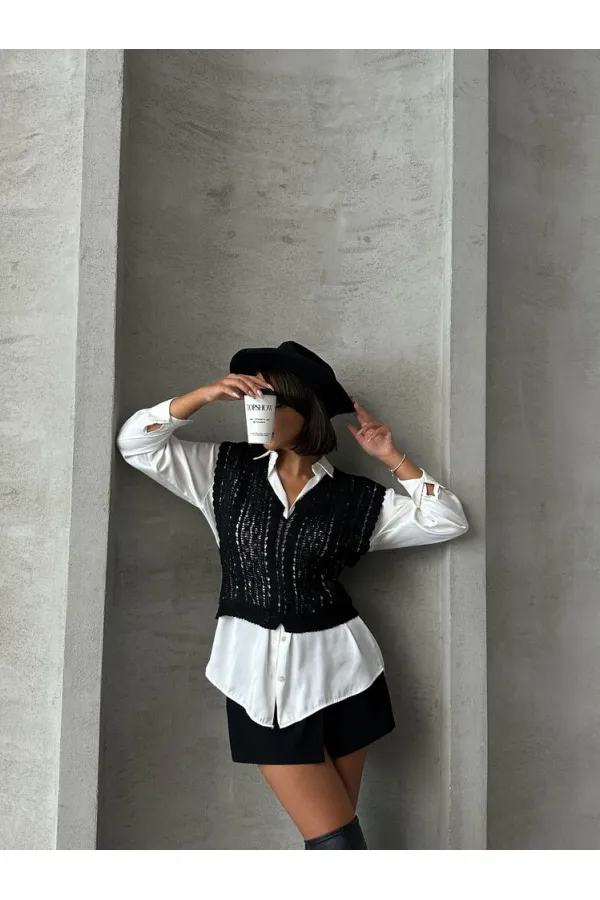 Topshow Black Braided V-Neck Wholesale Blouse