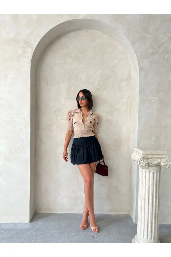 Kol Ucu Toptan Etek Gipeli Düğmeli Toptan Gömlek - Taş | Topshow