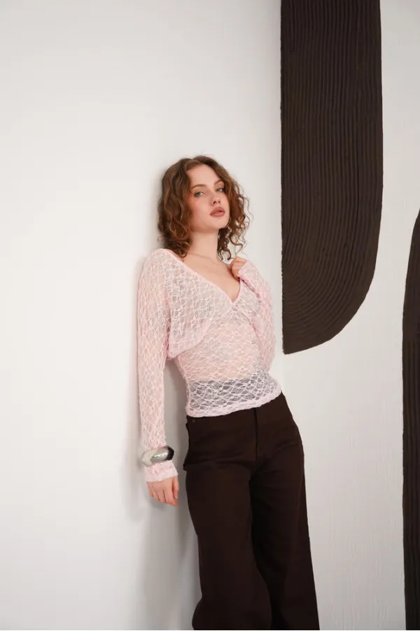 V Neck Guipure Wholesale Blouse - Pink | F2093 - Topshow