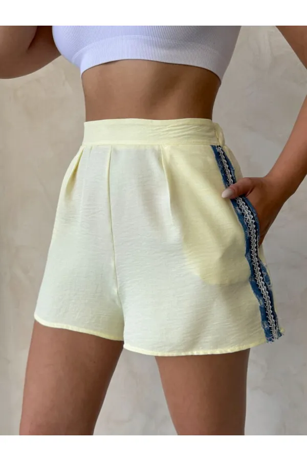 Kot Detaylı Şort - Sarı | Topshow