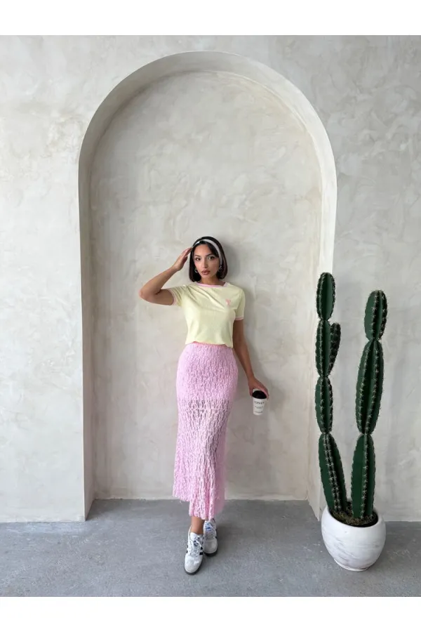 Nakışlı Tişort - Sarı Pembe | Topshow