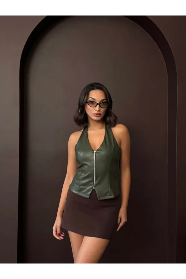 Topshow Sunideri Zippered Wholesale Vest - Khaki | F2036