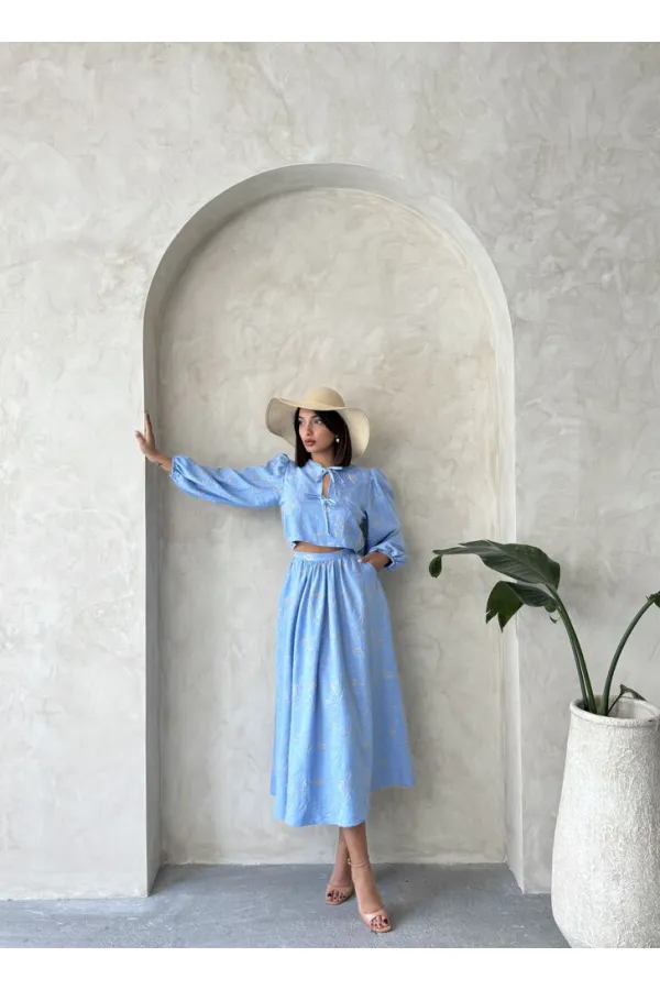 Embroidered Front Tie Wholesale Blouse - Light Blue | Topshow | F1902