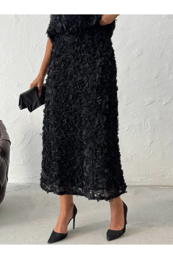 Topshow - Toptan Gül Süzüneli Etek - Siyah