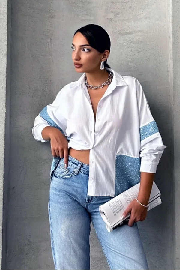 Sequined Denim Detailed Wholesale Shirt - Blue Dsn1 | TOPSHOW | F1725