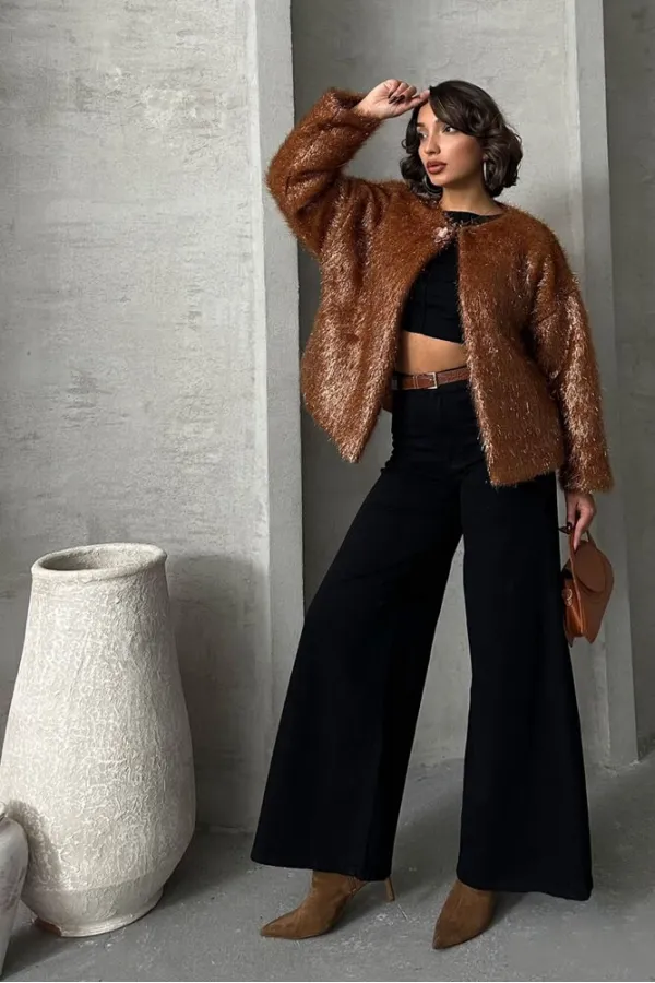 Gilet à franges pailletées en gros - Marron | TOPSHOW | F1837