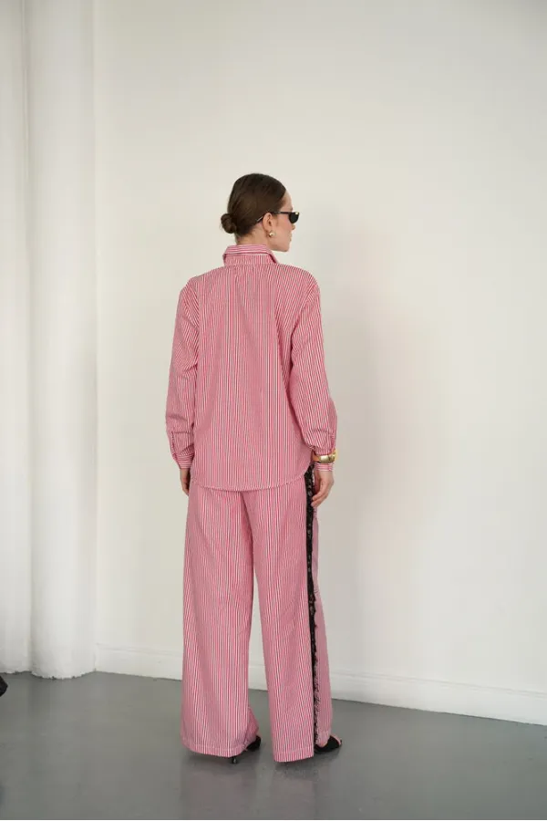 Lace Detail Striped Wholesale Trousers - Burgundy | F2083 - Topshow