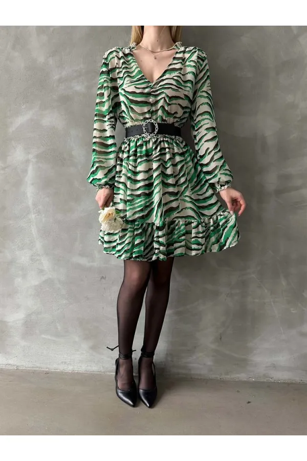 Leopar Çizgili Toptan Elbise - Zümrüt | TOPSHOW | F1591