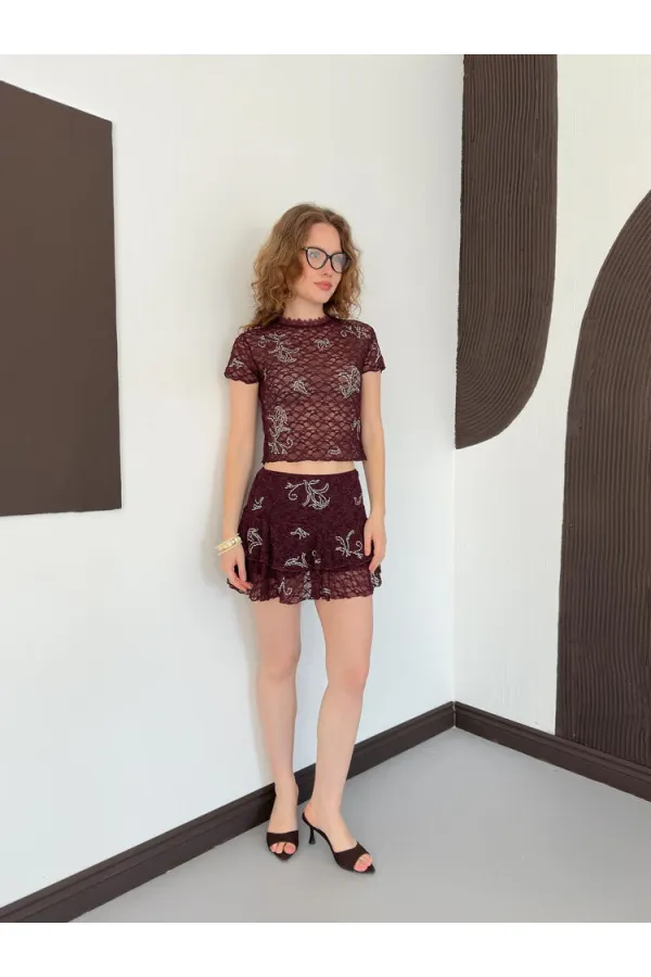 D 2996 EMBELLISHED LACE SKIRT - BROWN D 2996 EMBELLISHED LACE SKIRT - BROWN