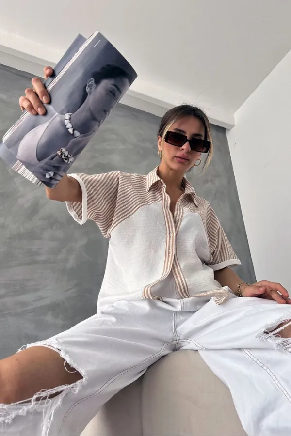 Topshow Stone Line Detailed Low Sleeve Wholesale Shirt