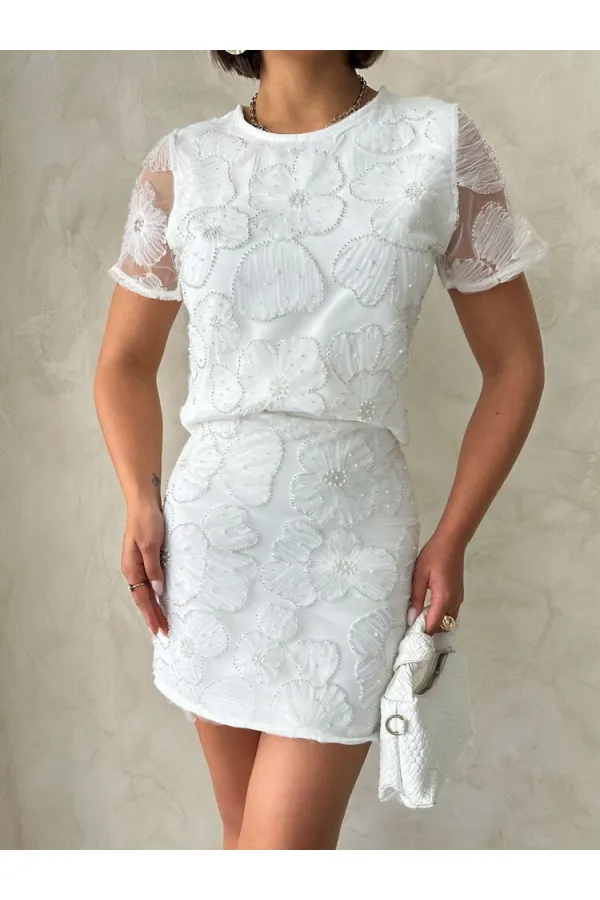 Boncuk İşlemeli Toptan Bluz - Krem | Topshow