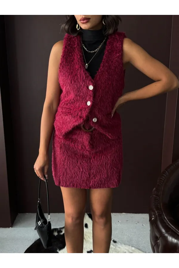 Topshow - Toptan Vintage Tarz Bordo Tüylü Kadın Yelek