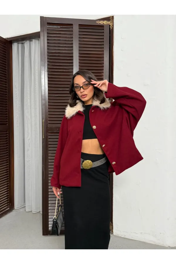 Manteau en cachemire boutonné à col peluche Topshow - Bordeaux | F2048