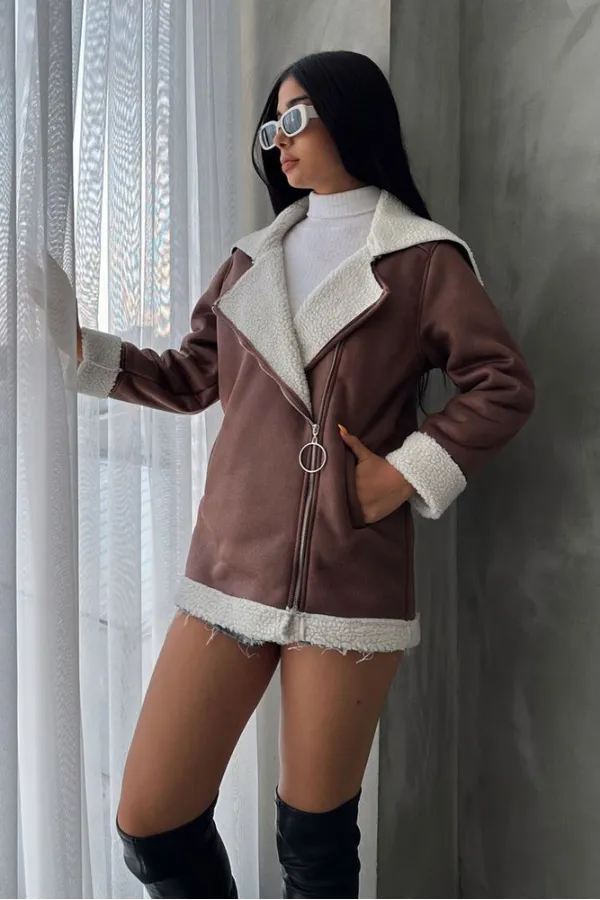 Manteau en cuir à fermeture éclair et col en fourrure (vente en gros) - Beige crème | TOPSHOW | F1534