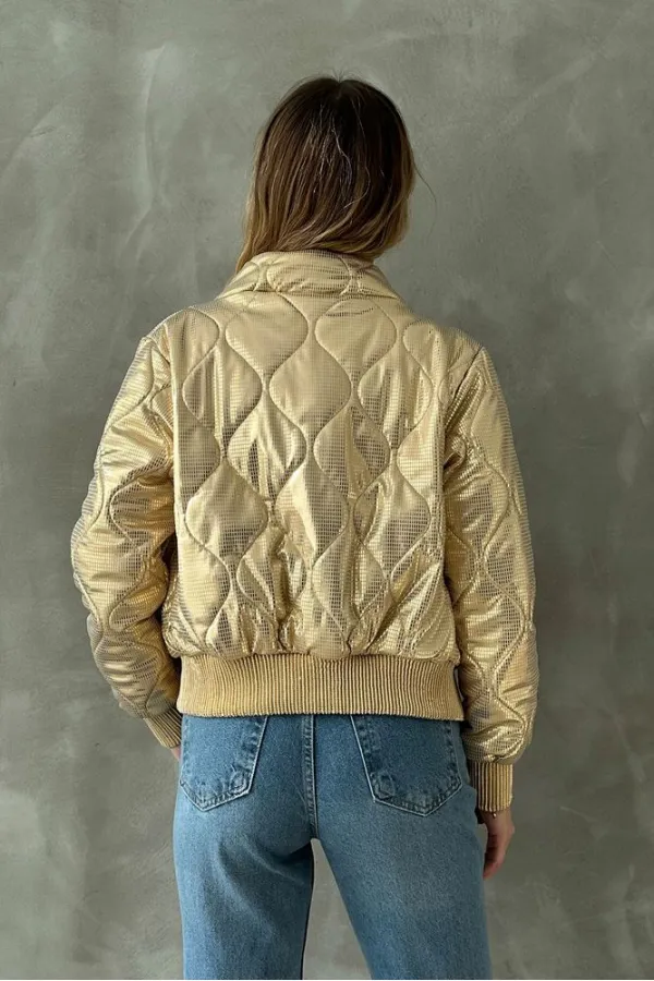 Fermuarlı Parlak Toptan Mont - Gold | TOPSHOW | F1625