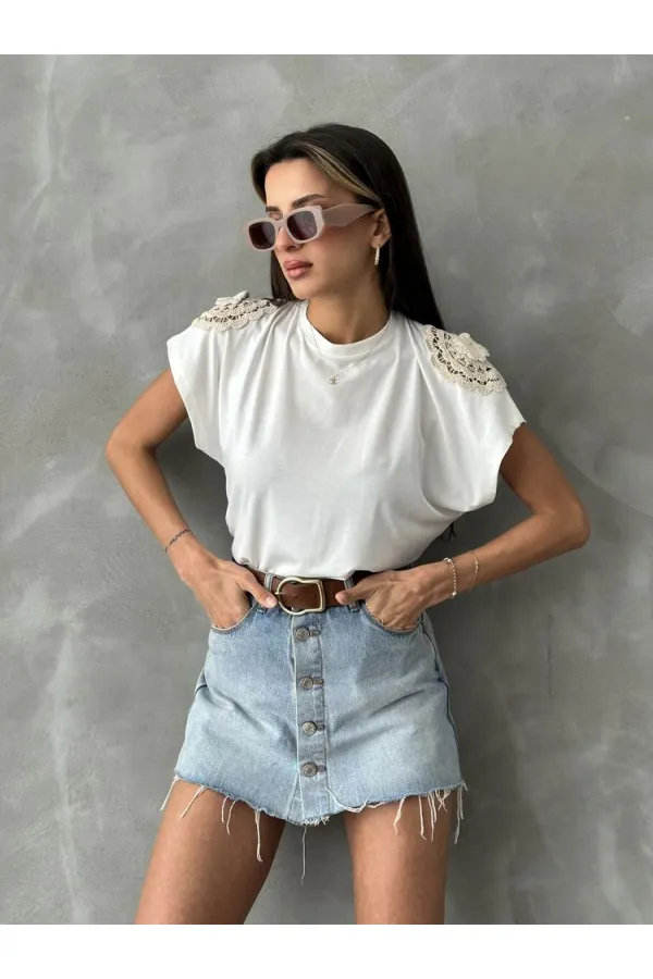 Topshow Beyaz Omuzu Dantelli Toptan T-Shirt