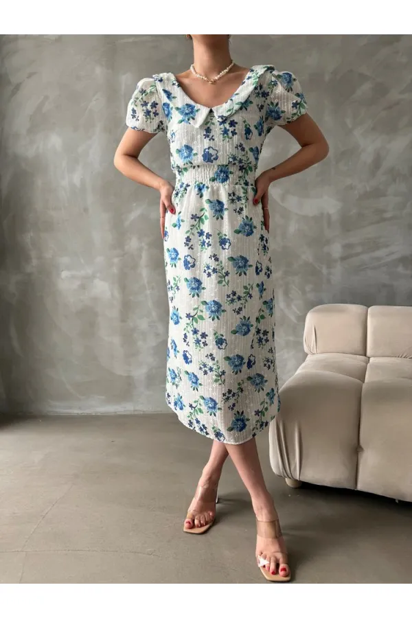 Topshow Mavi Brode Detaylı Desenli Toptan Elbise