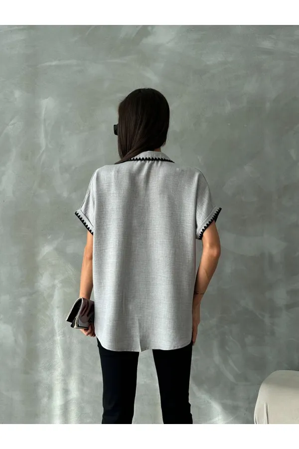 Topshow Gri Çoban Dikişli Keten Toptan Gömlek