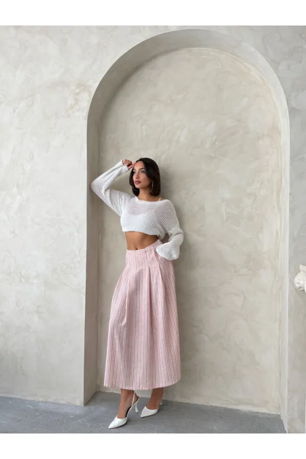 Çizgili Keten Etek - Koyu Pudra | Topshow | F1918