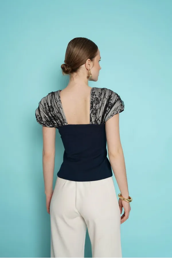 Boat Neck Blouse with Lace Detail on Shoulder - Navy Blue | D2994 - Topshow