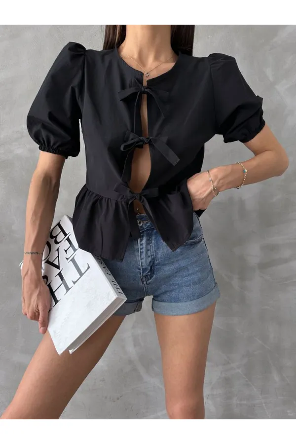 Topshow Siyah Önden Bağlamalı Poplin Toptan Bluz