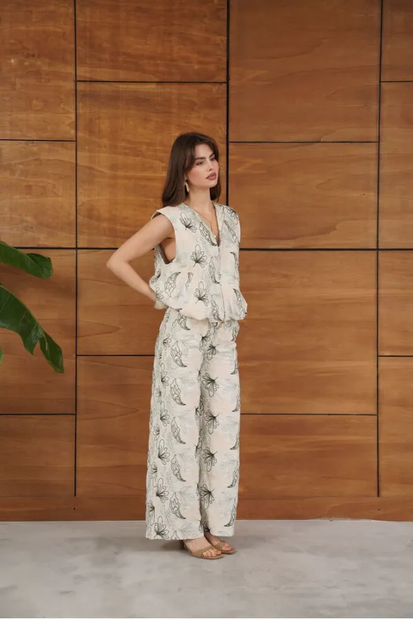 Topshow Embroidered Linen Trousers - Stone | F2008