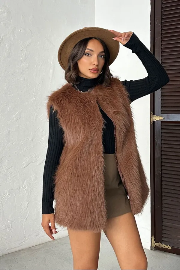 Topshow - Toptan Suni Kürk Yelek - Açık Kahve