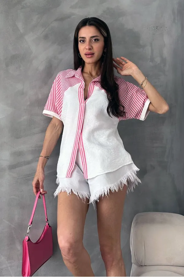 Topshow Fuchsia Stripe Detailed Low Sleeve Wholesale Shirt