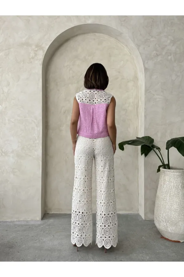 Lace Detailed Sequin Denim Jacket - Pink Topshow