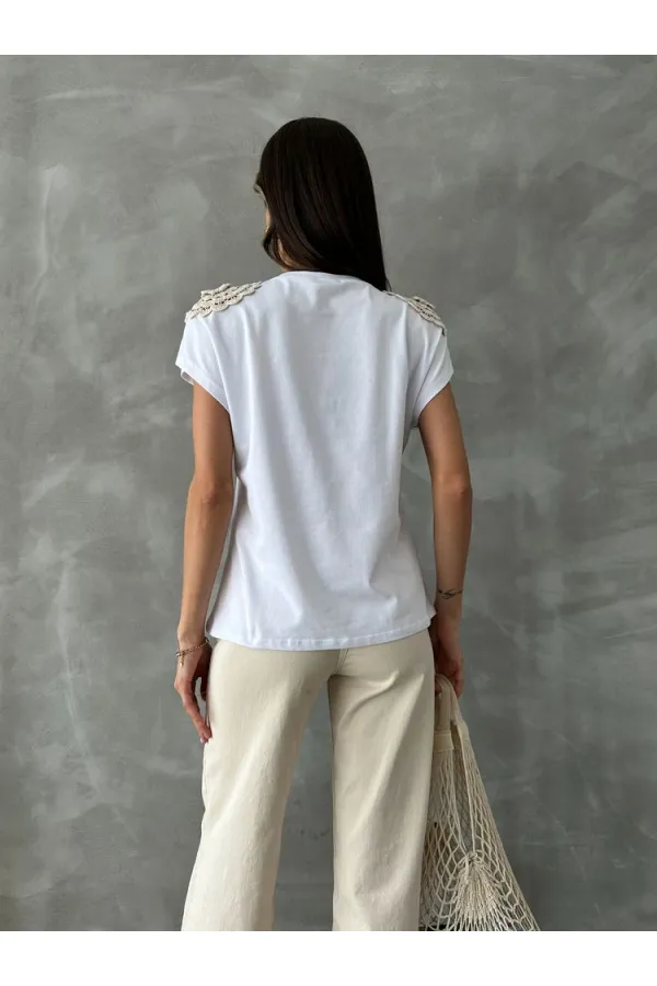 Topshow Beyaz Omuzu Dantelli Toptan T-Shirt