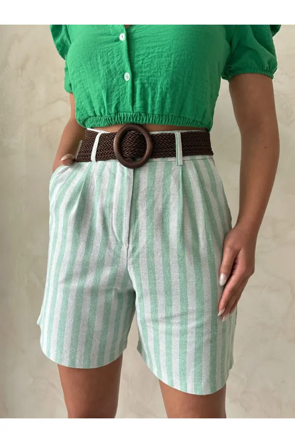Topshow Çağla Çizgili Kemerli Keten Toptan Şort