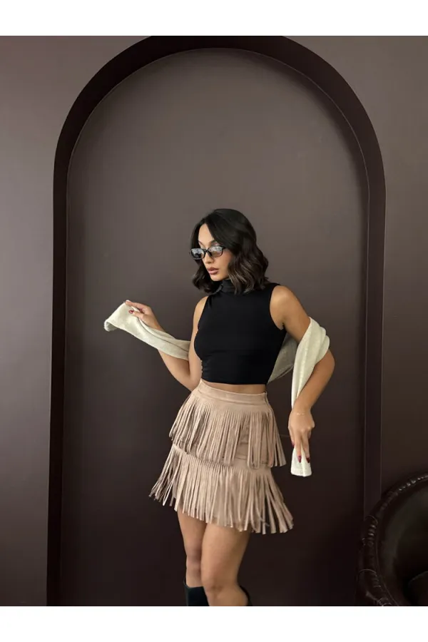 Jupe Topshow en daim scuba à franges - Vison | F2030