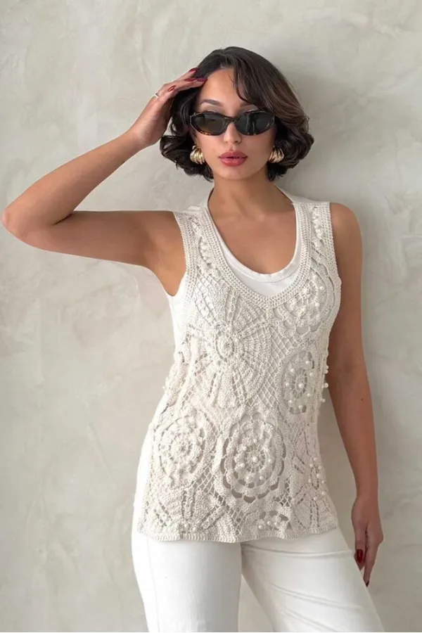 İnci Dantel Detaylı Ham Tişört - Ham | Topshow