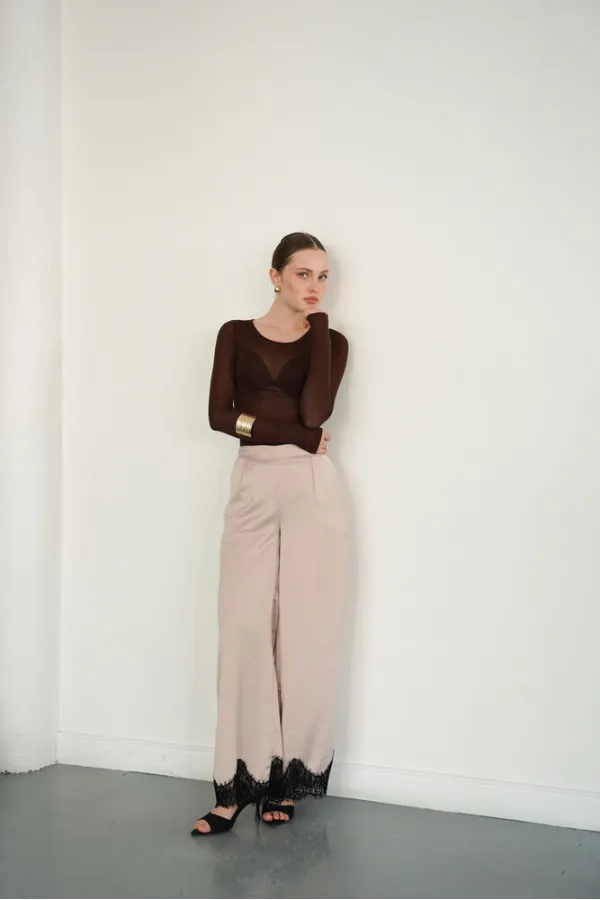 Wholesale Satin Trousers with Lace Hem - Stone | D2969 - Topshow